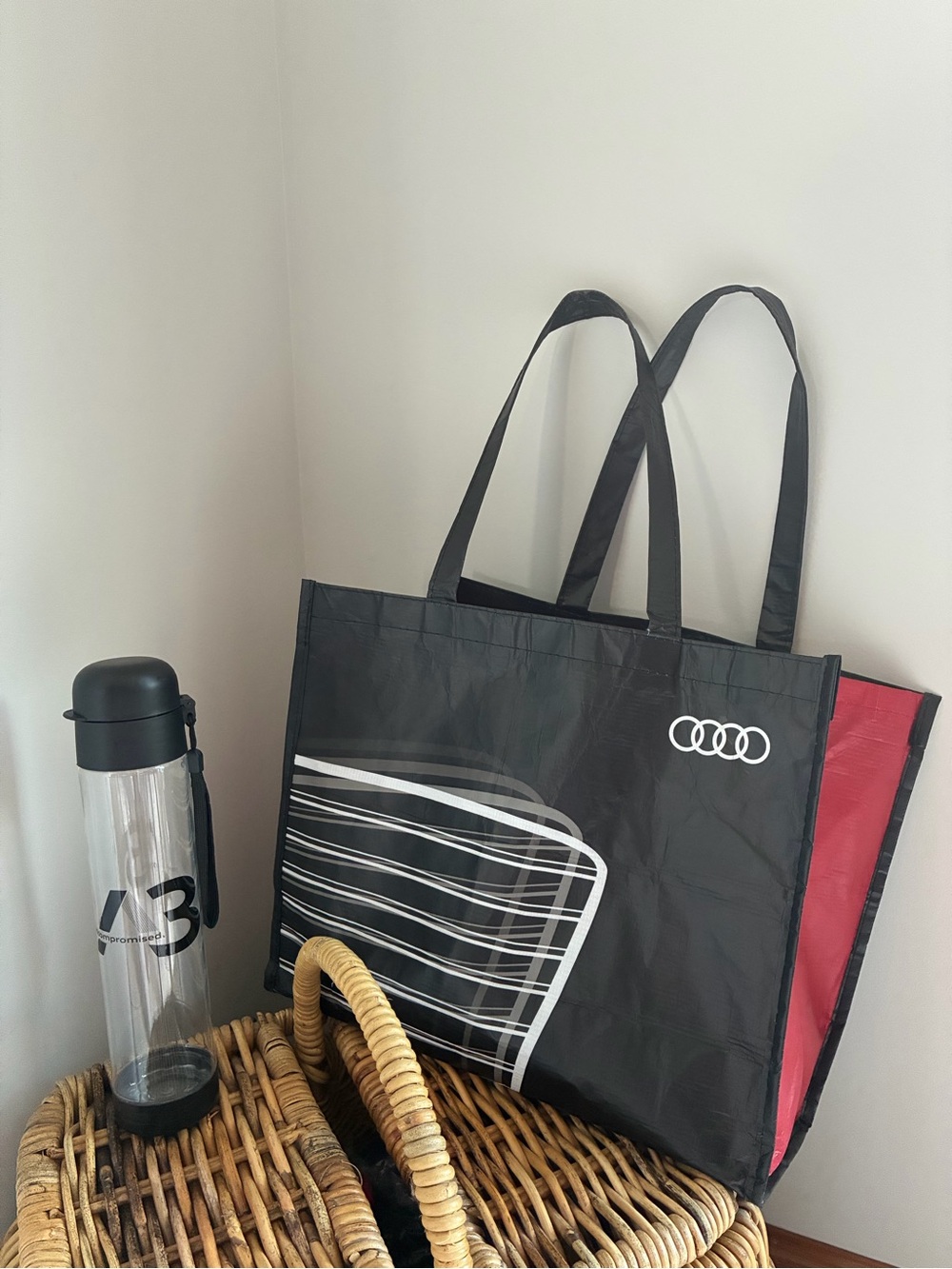 Audi Reusable Black & Red Tote Bag & Audi A3 “Stay Uncompromised” Sport Bottle